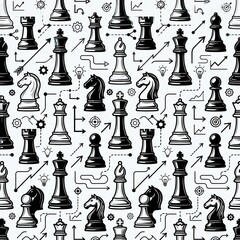 Black and white chess pieces seamless pattern for game design and strategic backgrounds © NusratJahan