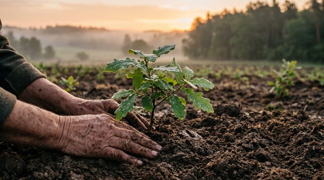 Oak sapling planted by farmer hands in rural field at sunrise with sharp focus for environmental sustainability marketing