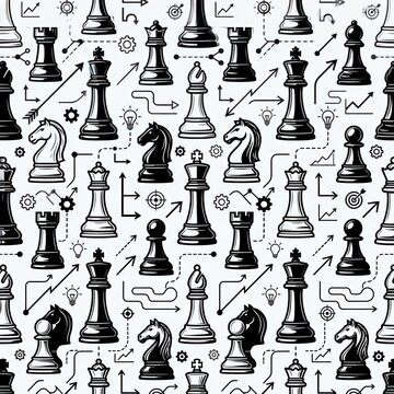 Black and white chess pieces seamless pattern for game design and strategic backgrounds