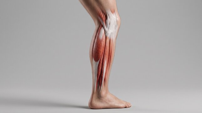 Detailed anatomical illustration of a human lower leg, showcasing the complex muscle structure and bone alignment from the knee to the foot.