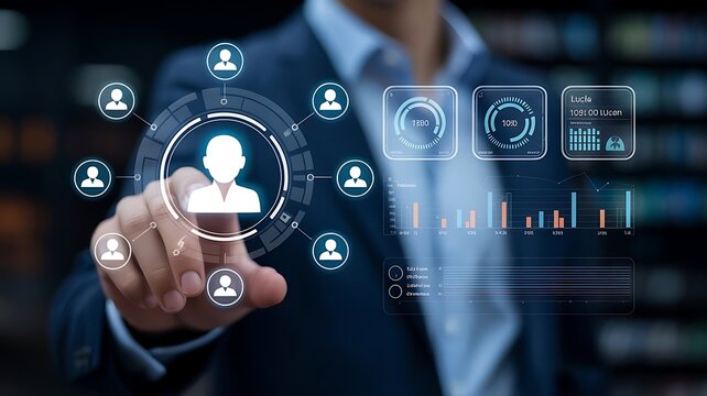 Professional using digital human resource management system for talent acquisition and organizational workforce data analysis