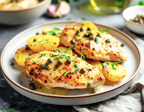 Chicken piccata, breasts with a lemon butter sauce, capers, roasted potatoes. AI