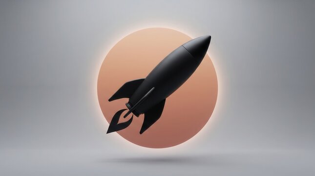 Abstract black rocket taking off on a glowing orange circular background