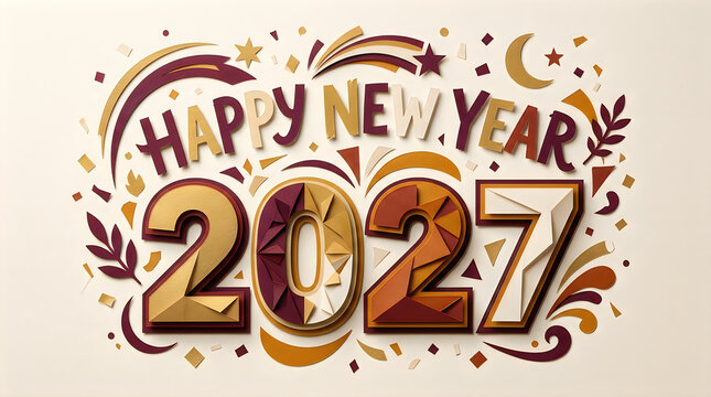 Happy New Year 2027 paper craft style illustration with confetti