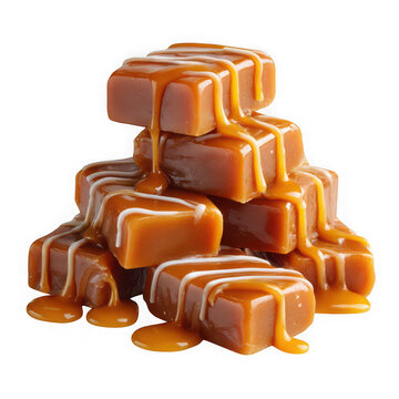 Stack of caramel candies with sticky syrup isolated on transparent background
