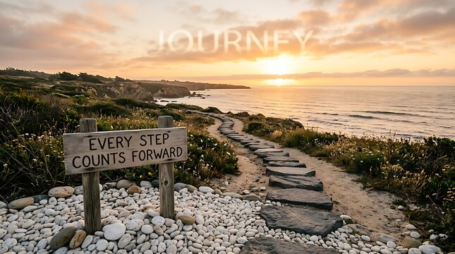 Wooden sign with text every step counts forward on a stone path leading to the ocean during a beautiful sunset
