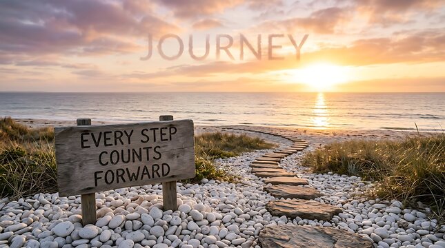 Wooden sign with text every step counts forward on a stone path leading to the beautiful golden sunset at the beach