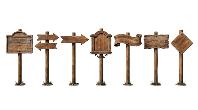 Set of various wooden sign posts and directional arrows for navigation or information signs in a rustic style
