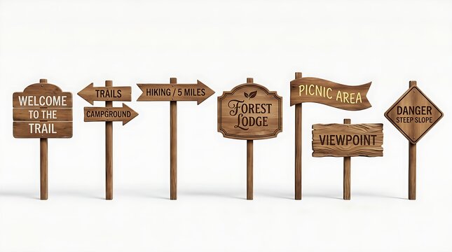 Set of rustic wooden directional signs and information boards for outdoor hiking trails and forest parks