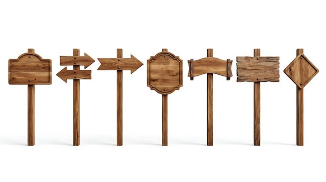 Set of various wooden sign posts with different shapes for directions and information in a rustic country style