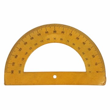 Yellow plastic protractor on a white background
