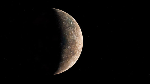 Jupiter Moon Callisto
Still image of Jupiter's moon Callisto in deep space. Detailed view of the heavily cratered, dark, and icy surface of this Galilean moon. Visualization based on NASA/ESA data.