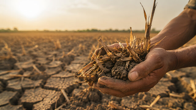 Hands Holding Dry Soil in a Parched Farm Field