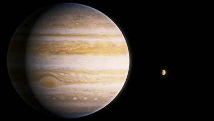 Jupiter Realistic still image of the gas giant Jupiter orbited by its Jovian Moons.  Visualization based on NASA/ESA data. © Christian Stangl