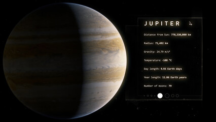 Jupiter + Facts Realistic still image of the gas giant Jupiter orbited by its Jovian Moons.  Visualization based on NASA/ESA data. © Christian Stangl