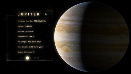Jupiter + Facts Realistic still image of the gas giant Jupiter orbited by its Jovian Moons.  Visualization based on NASA/ESA data. © Christian Stangl