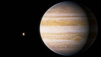 Jupiter Realistic still image of the gas giant Jupiter orbited by its Jovian Moons.  Visualization based on NASA/ESA data. © Christian Stangl
