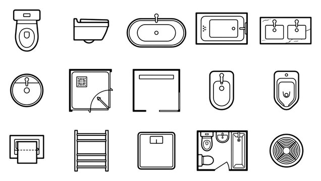Set of bathroom furniture and sanitary ware icons in top view vector