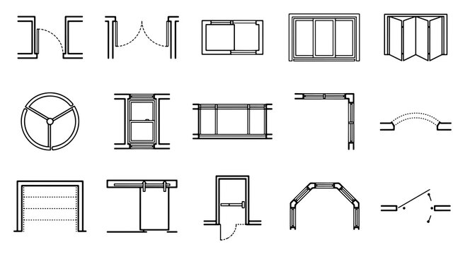 Architectural floor plan symbols showing various door and window types in black lines