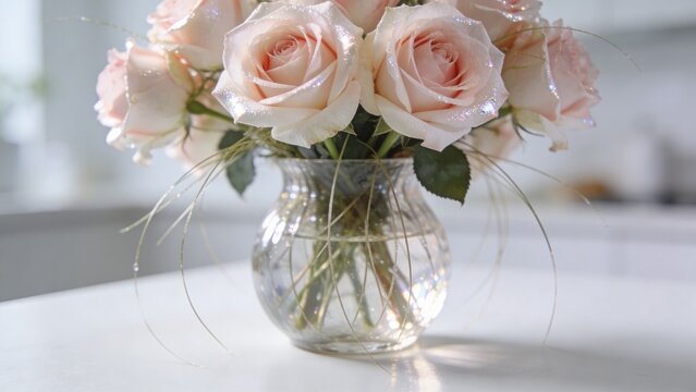 Delicate pale pink roses arranged in elegant glass vase with fresh green leaves soft decorative grass fine shimmering accents bright natural light creates romantic refined atmosphere Floral centerpiec