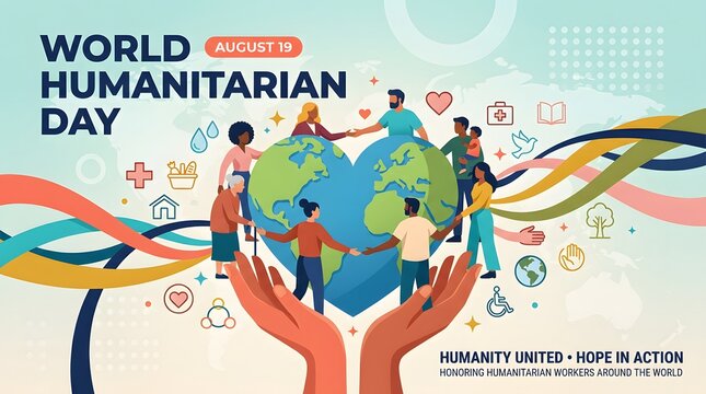 People surrounding a globe illustration for world humanitarian day awareness