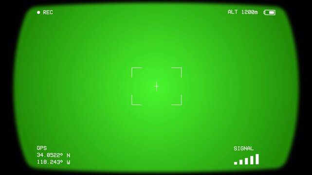 Night Vision Targeting Display with Green Monochrome HUD, Square Reticle, GPS Data and Signal Indicators. Infrared Scope Interface with Centered Reticle and Signal Meter for Surveillance and Tech