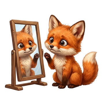 baby fox looking at reflection in a wooden standing mirror self awareness curiosity concept