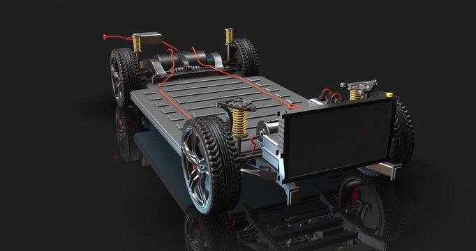 Electric sports car zooming to dashboard start button and battery parts. Detailed 3D render of EV engine parts.