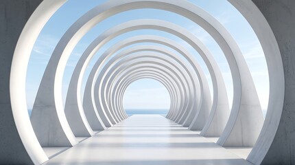Obraz premium Futuristic architectural tunnel with circular concrete arches leading to a bright ocean horizon