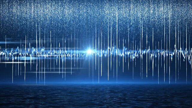 Digital blue frequency wave over dark water.