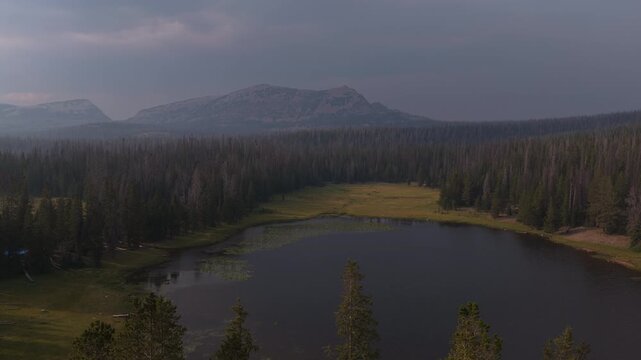 Aerial of alpine lake with lily pads and mountains in Uinta Wasatch Cache National Forest in Utah in summer with dark skies