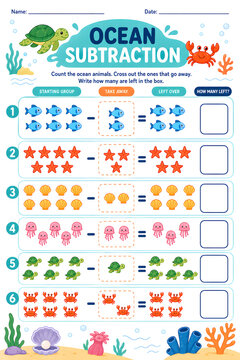 Ocean Animal Subtraction Counting Worksheet for Kids