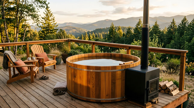Luxury wood fired hot tub on scenic deck | Outdoor spa retreat with mountain views | Rustic wooden soaking tub at sunset | Cozy cabin deck with Adirondack chairs