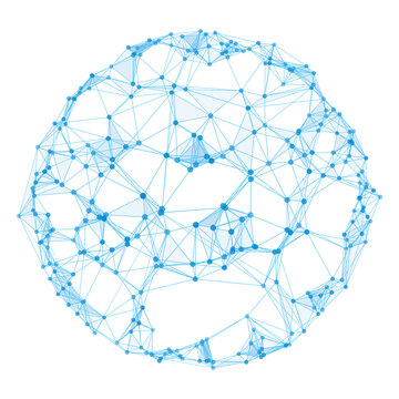 Blue Abstract Low Poly Polygonal Sphere with Wireframe Network on Black Background