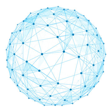 Blue Low Poly Network Sphere with Connected Lines and Dots on Black Background