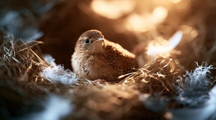 Obraz premium Little wren chick in sunlit wren bird nest