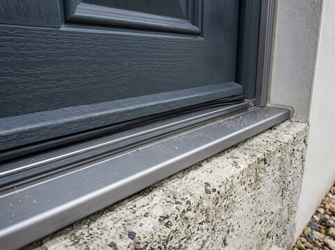 Modern anthracite door threshold installation | uPVC door weather seal close up | Energy efficient home exterior door details | Grey composite door frame and concrete step
