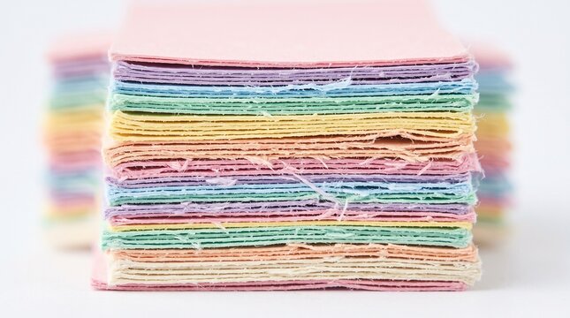 Stacked pastel paper sheets on white background with colorful handmade texture
