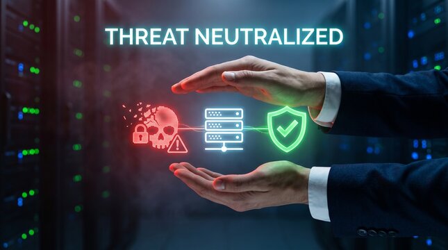 Cybersecurity expert neutralizing a ransomware threat in a secure server room environment