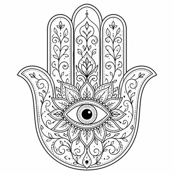 Black and white hamsa hand with evil eye and floral ornament, spiritual symbol of protection, tattoo design, henna art, vector illustration