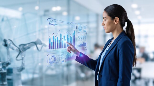 Businesswoman touching virtual dashboard displaying charts and graphs with robotic arm in, symbolizing the integration of artificial intelligence, industrial automation and data