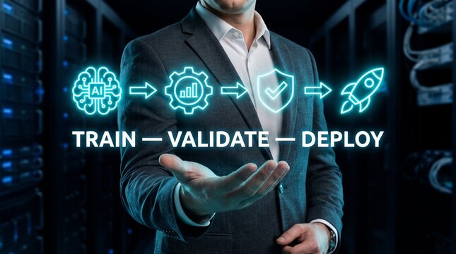 Businessman presenting AI machine learning model training, validation and deployment process.