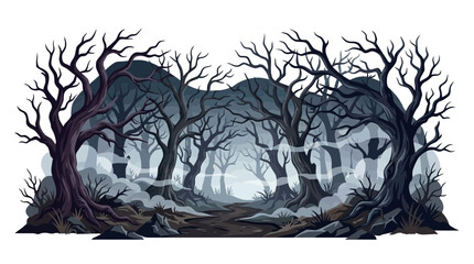 Obraz premium Spooky haunted forest background. Dark pine branches in fog. Eerie tree branches concept. Autumn spooky atmosphere. Fantasy background