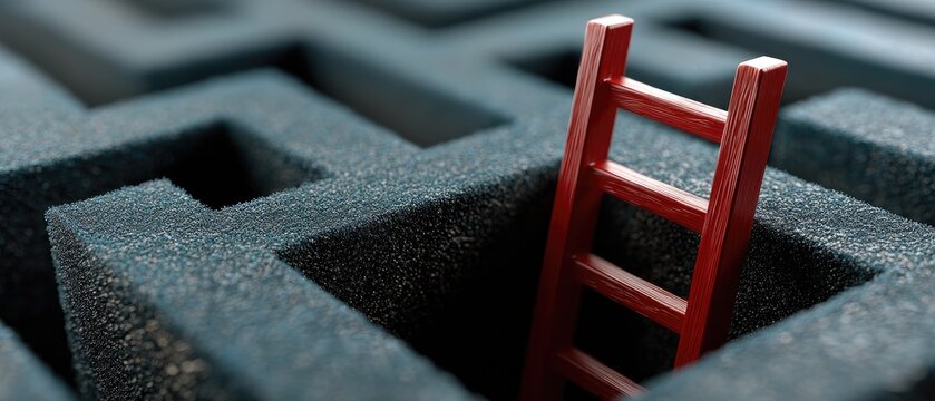 Close up view of a blue maze with a red ladder in a recessed square area showcasing textures and lighting in a commercial setup