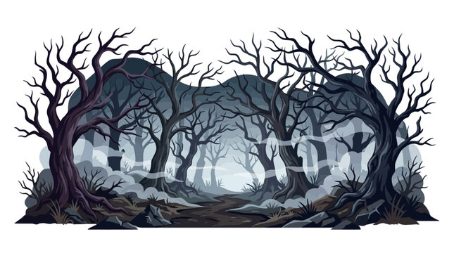 Spooky haunted forest background. Dark pine branches in fog. Eerie tree branches concept. Autumn spooky atmosphere. Fantasy background