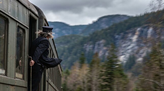 Train Conductor Leaning Out of a Moving Vintage Carriage