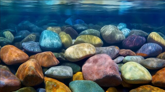Underwater view reveals a vibrant array of rocks in various shades, hinting at an unseen underwater landscape.