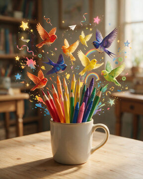 Magical colorful birds and stars bursting out from pencils and crayons in a cup on a wooden desk. Creative inspiration for Knowledge Day and back to school.