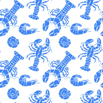 Blue lobster prawn seamless pattern ocean texture