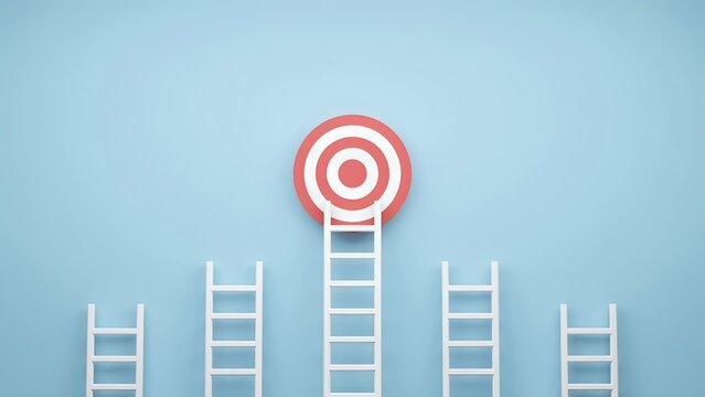 White ladders ascend towards a red and white on a clean blue background symbolizing success and achievement